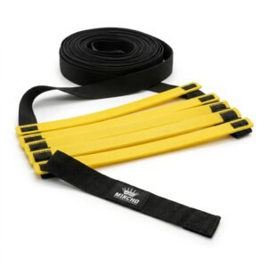 Agility training ladder featuring yellow plastic rungs and black straps laid out on a white background.