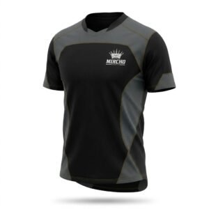 Black and gray sports t-shirt with short sleeves and contrasting side panels.