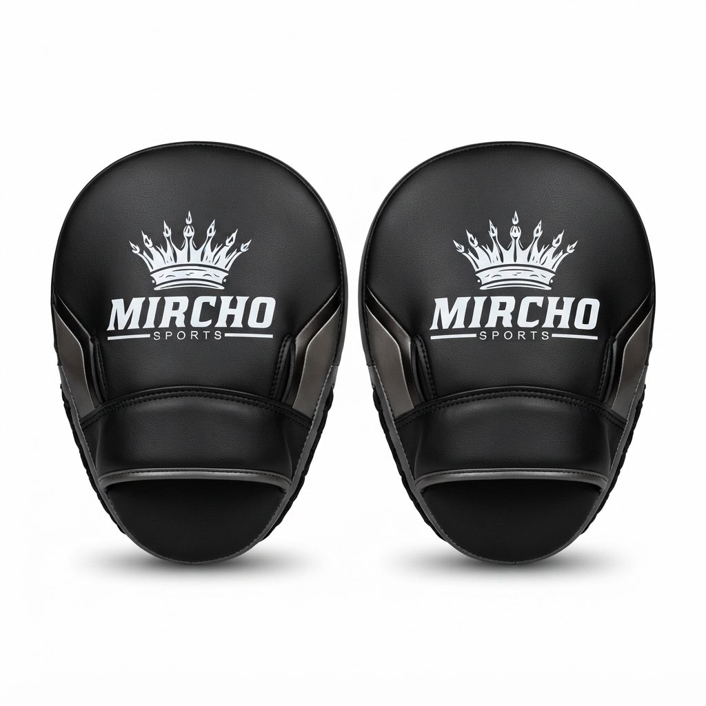A pair of black boxing focus pads displayed side by side against a white background.