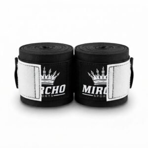 Two black rolled boxing hand wraps featuring hook and loop closures and thumb loops.