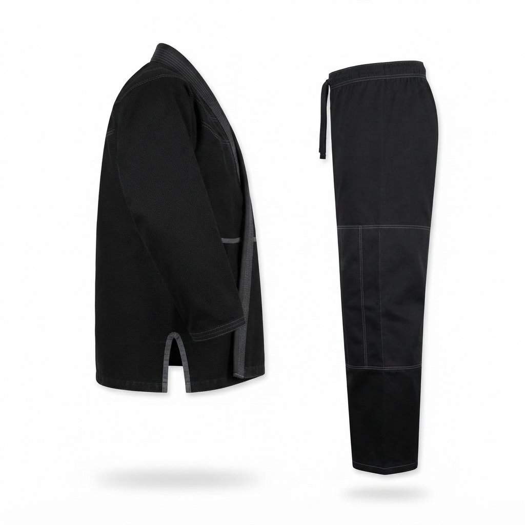 Black Jiu-Jitsu gi jacket and matching trousers set laid out flat. - alternate view 2