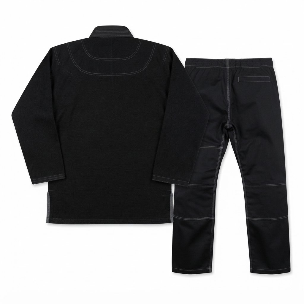 Black Jiu-Jitsu gi jacket and matching trousers set laid out flat. - alternate view 3
