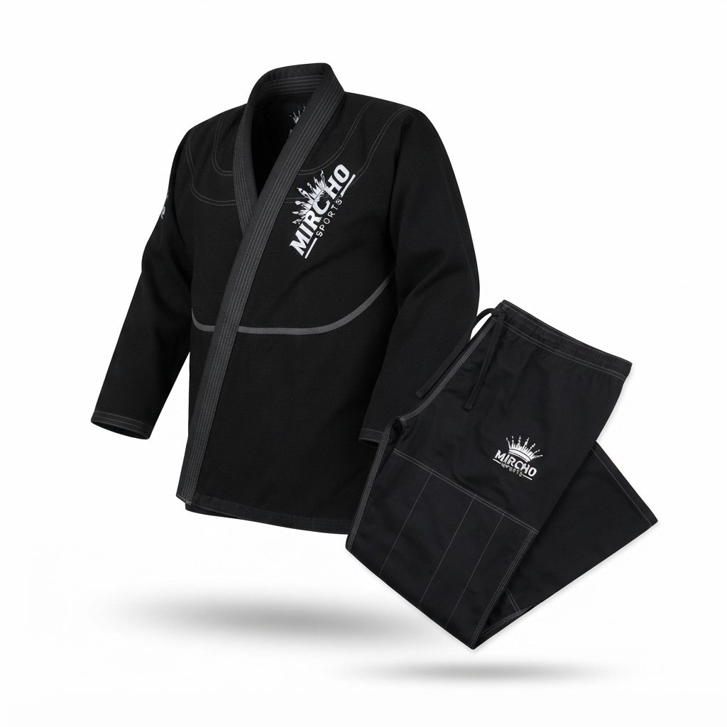 Black Jiu-Jitsu gi jacket and matching trousers set laid out flat. - alternate view 4