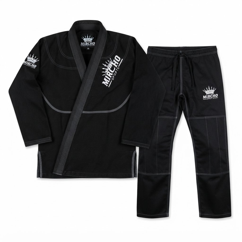 Black Jiu-Jitsu gi jacket and matching trousers set laid out flat.