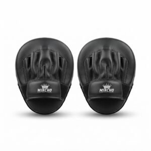Pair of black leather boxing focus pads viewed from the front against a white background.