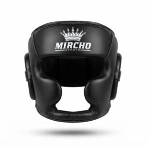 Black leather boxing head guard with protective padding and lace-up back view.