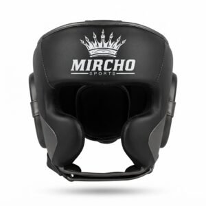 Black boxing head guard with secure padding, lacing, and ear protection shown from multiple angles.