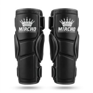 Pair of black MMA arm guards with grey trim and secure hook and loop straps.