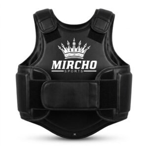 Black MMA body protector vest featuring segmented torso padding and adjustable straps.