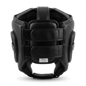 Black genuine leather MMA head guard featuring dual back straps and padded ear protection.