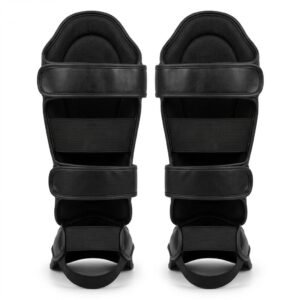 Black MMA shin guards displayed against a plain background showing the protective padding and strap closure system.