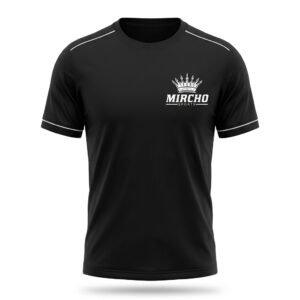 Black sports t-shirt featuring short sleeves and white piping details viewed from the front.