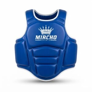 Blue and white boxing body protector showing front padding and adjustable back straps.