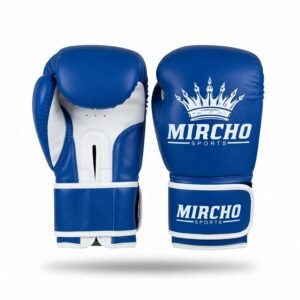 A pair of blue and white boxing gloves with secure wrist closures displayed against a plain background.