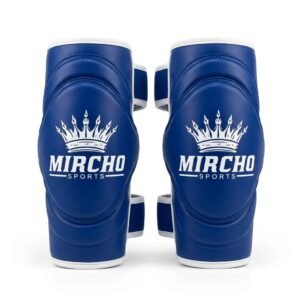 Pair of blue and white MMA arm guards with secure strap closures displayed against a white background.