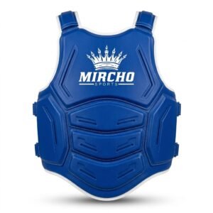 Blue and white MMA body guard with segmented torso padding and adjustable straps.