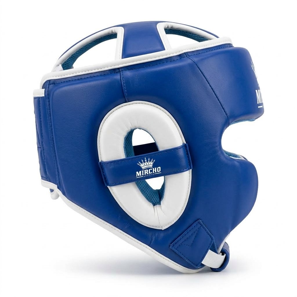 Blue MMA head guard with white trim and rear laces. - alternate view 2
