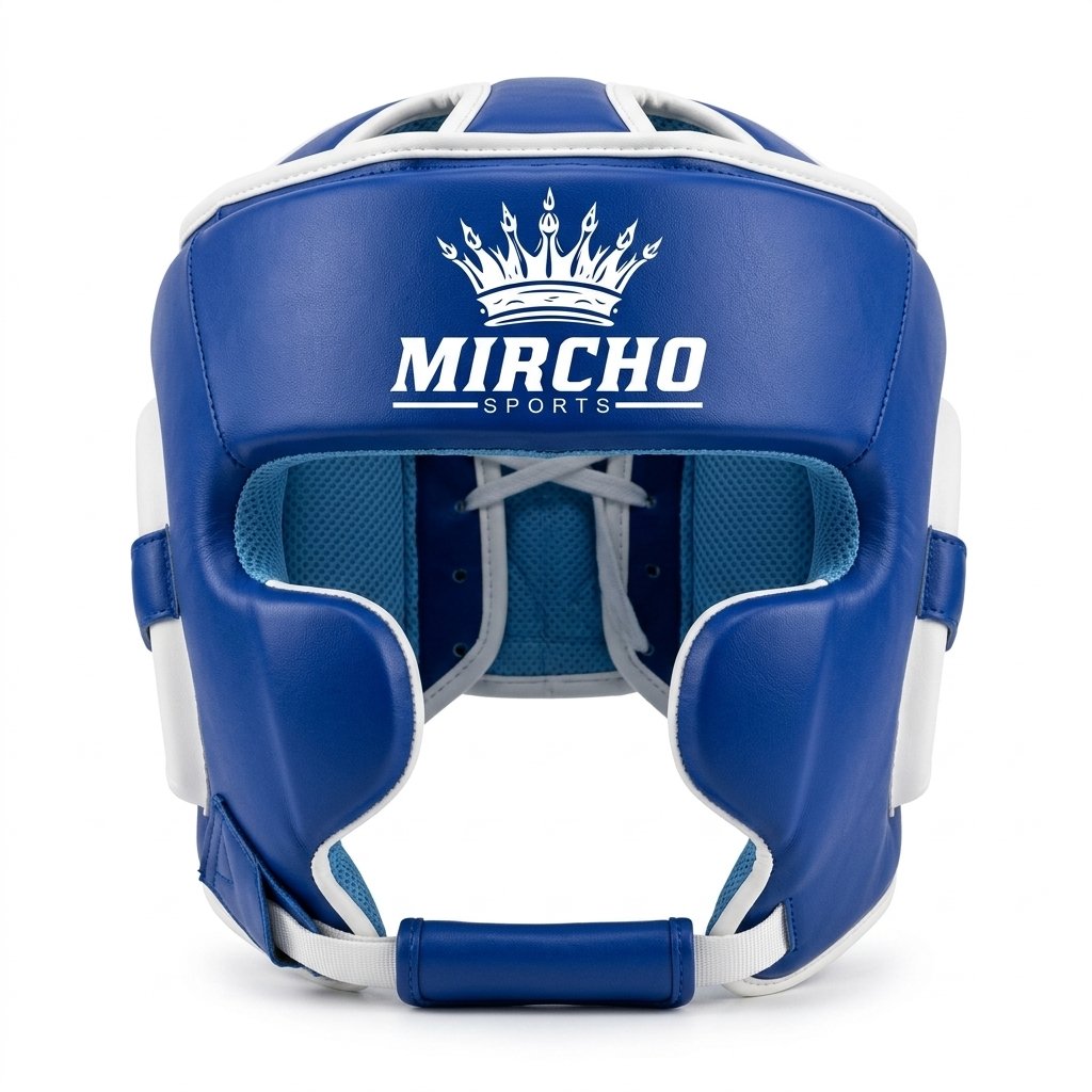 Blue MMA head guard with white trim and rear laces. - alternate view 3