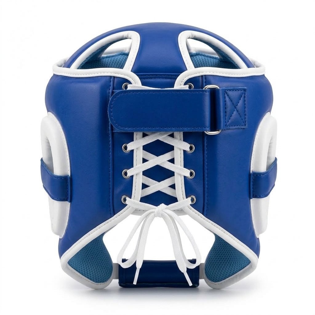 Blue MMA head guard with white trim and rear laces. - alternate view 4