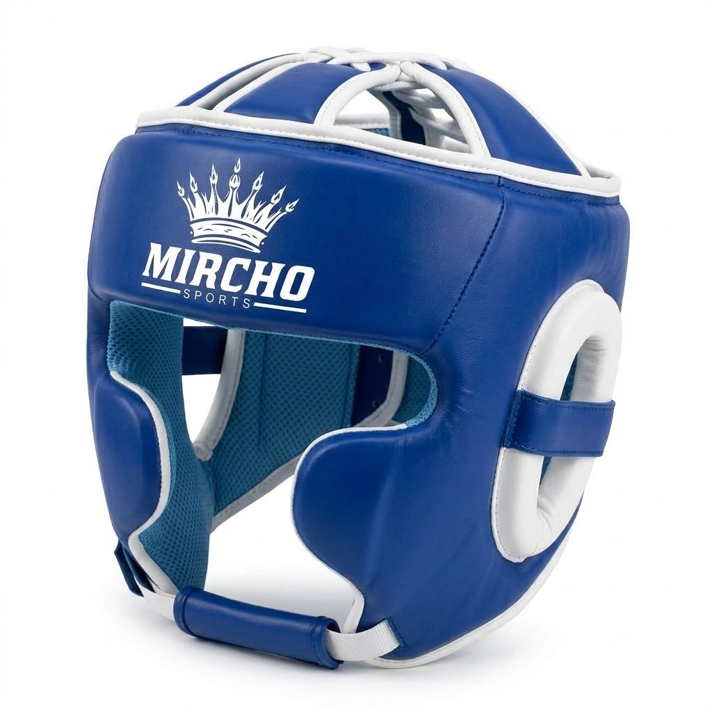 Blue MMA head guard with white trim and rear laces.