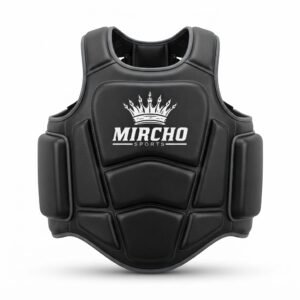 Black boxing body protector featuring segmented padding and adjustable side straps.