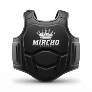 Black boxing body protector vest with thick segmented padding and adjustable straps shown from the front.