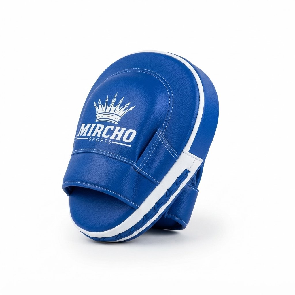 Pair of blue and white boxing focus pads showing front and back design. - alternate view 2