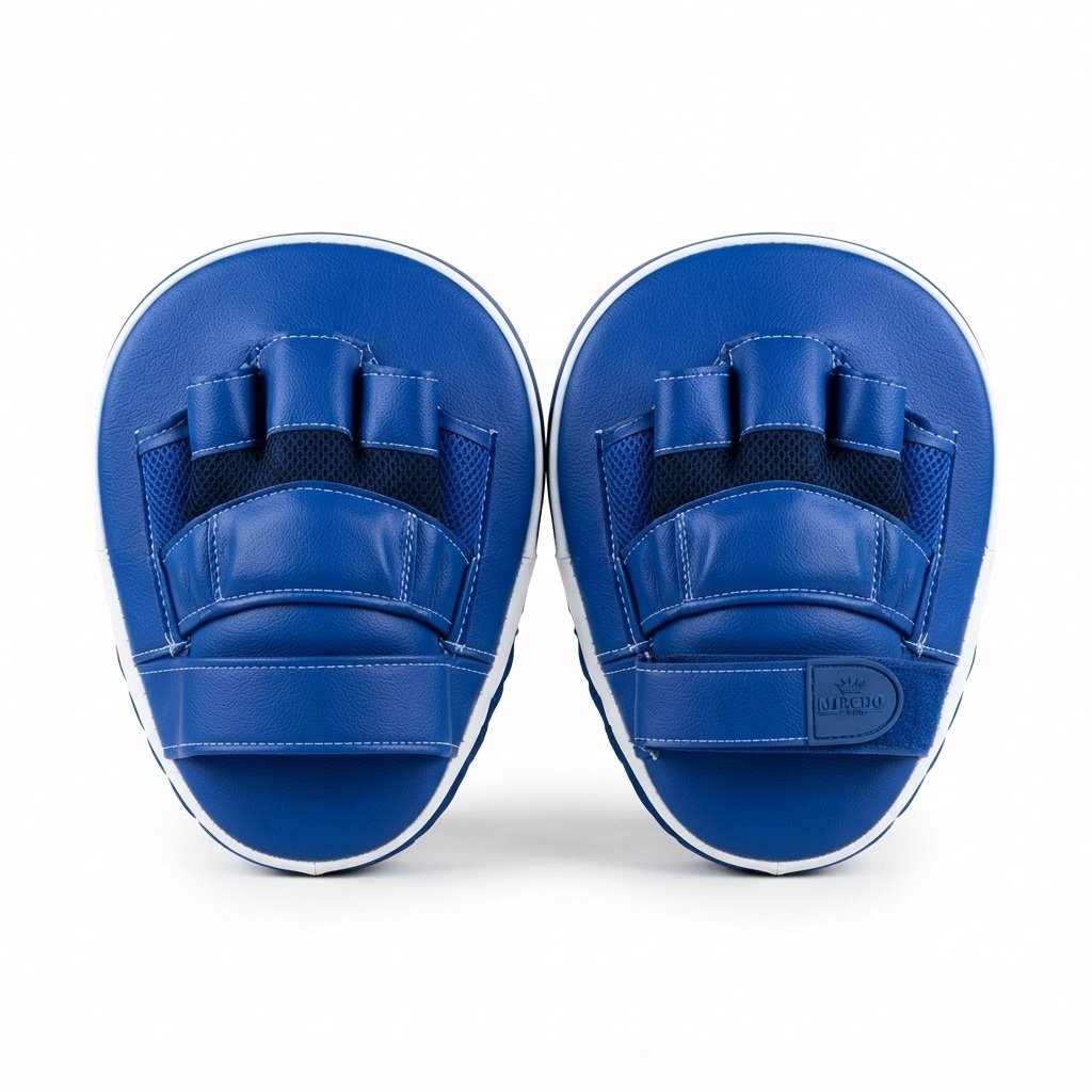 Pair of blue and white boxing focus pads showing front and back design. - alternate view 3