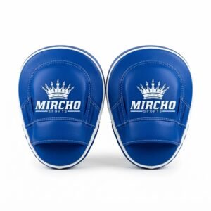 Pair of blue and white boxing focus pads showing front and back design.