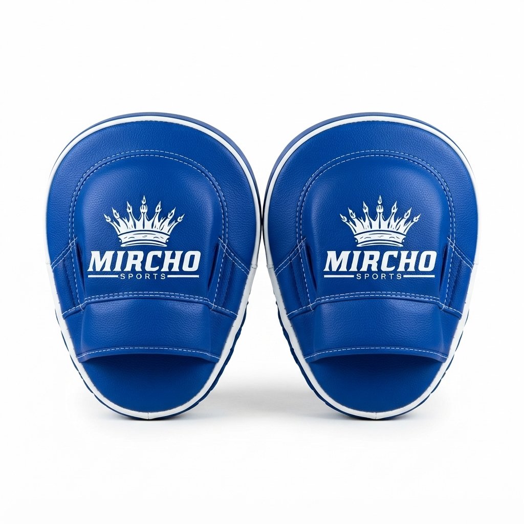 Pair of blue and white boxing focus pads showing front and back design.