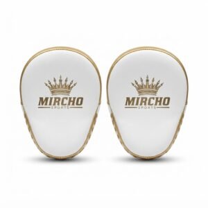 Pair of white and gold boxing focus pads featuring a curved design and wrist strap.