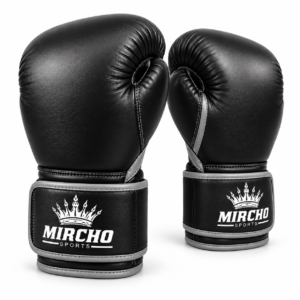 Pair of professional black and grey boxing gloves featuring secure wrist closures and detailed stitching.
