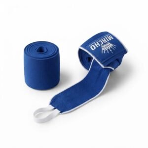 A pair of rolled blue boxing hand wraps with white stitching and thumb loops on a white background