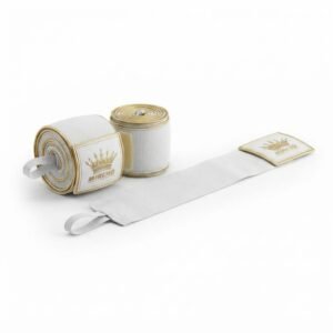 Rolled white boxing hand wraps featuring gold trim and a thumb loop on a white background.