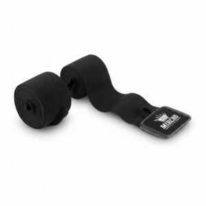Pair of rolled black boxing hand wraps featuring thumb loops and secure fastening closures.