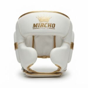 White boxing head guard with gold trim and lace-up back view on white background.