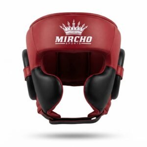 Red and black boxing head guard with cheek protection and rear laces.