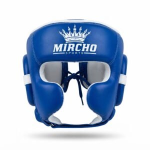Blue and white boxing head guard featuring protective cheek padding and an adjustable lace closure.