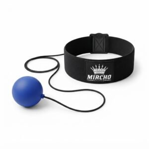 Boxing reflex training set featuring a black elastic headband attached to a blue ball with a cord.