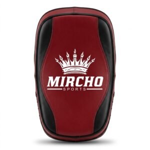 Maroon and black curved body punch pad with multiple handles for sports training.