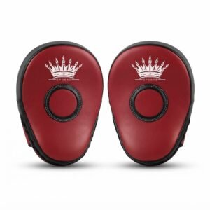 Red and black curved boxing focus pads with adjustable wrist straps and target zones displayed.