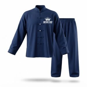 Dark blue martial arts uniform training set featuring a long-sleeve jacket and matching trousers.