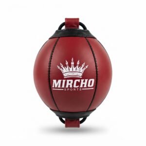 Red and black double end boxing ball with secure attachment loops for training equipment setups.