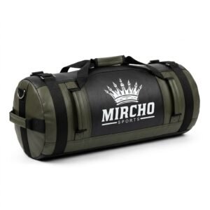 Cylindrical olive green and black training bag featuring reinforced handles and black nylon straps on a white background.