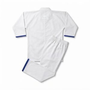 White karate uniform set featuring a jacket and trousers with blue trim and an elastic waistband.