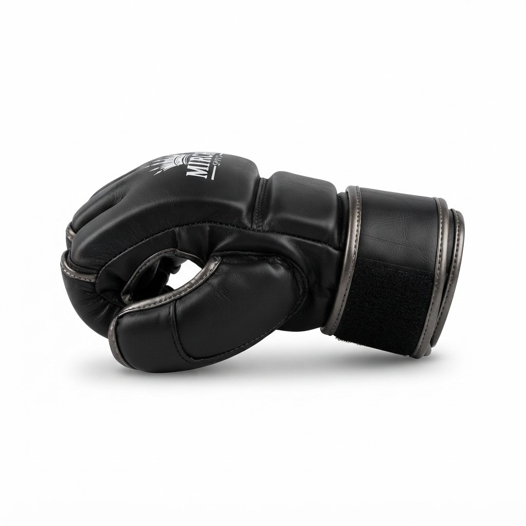 Matte black MMA gloves featuring open-finger design and secure wrist closure. - alternate view 4