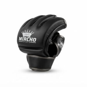 Matte black MMA gloves featuring open-finger design and secure wrist closure.