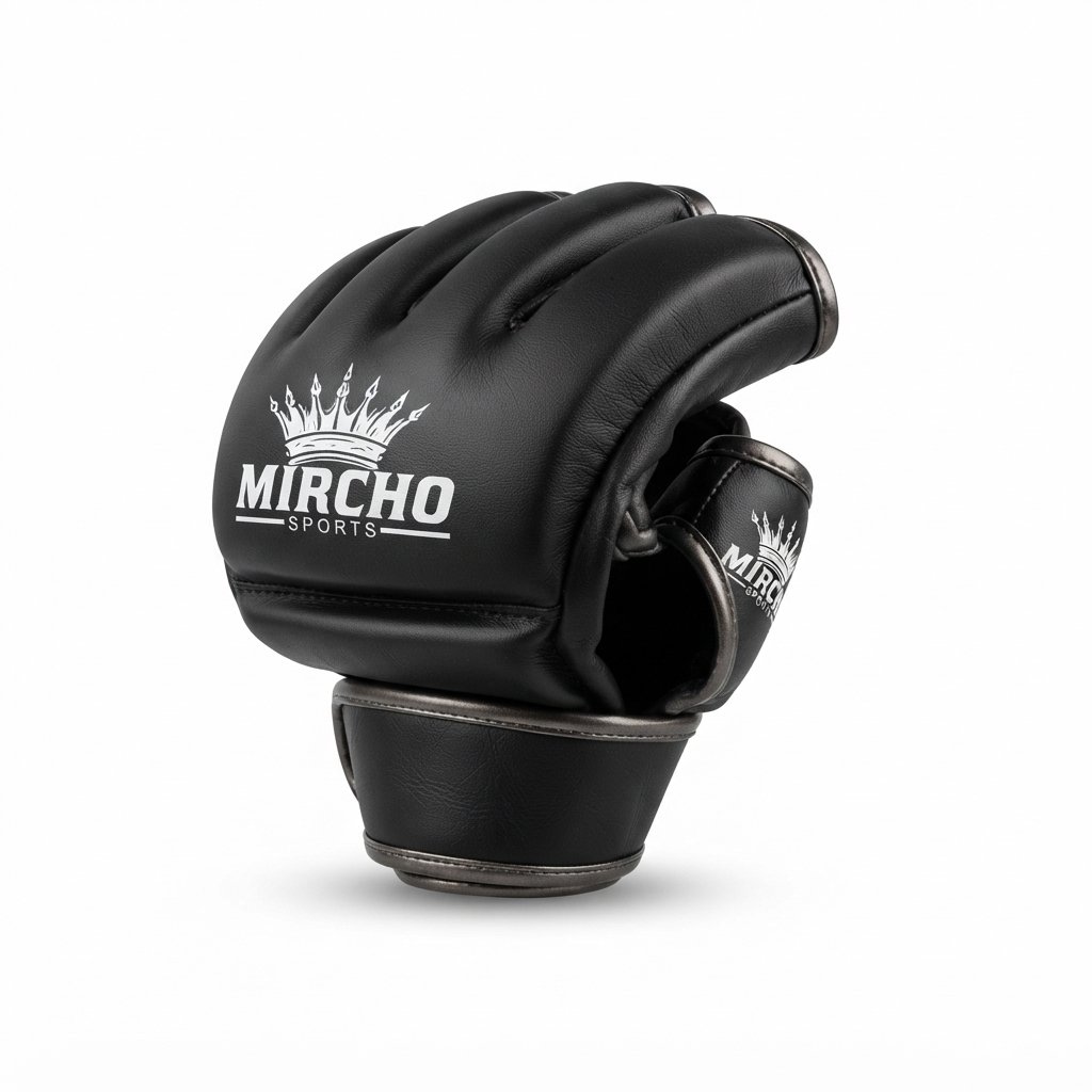 Matte black MMA gloves featuring open-finger design and secure wrist closure.