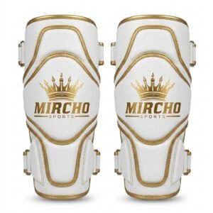 White and gold MMA arm guards featuring secure strap closures and protective padding.