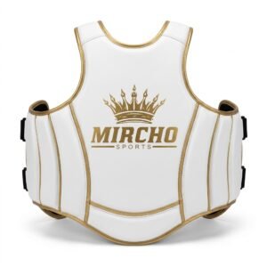 White MMA body protector vest with gold trim and black adjustable rear straps.